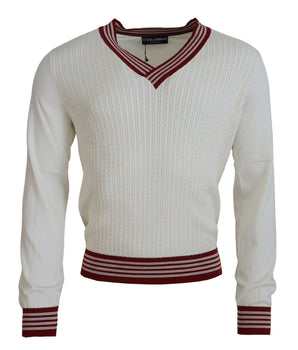 Dolce &amp; Gabbana White Red Knitted V-neck Pullover Sweater