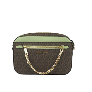 Michael Kors Jet Set Large EW Brown Sage Bolso bandolera de cuero PVC con cadena y cremallera