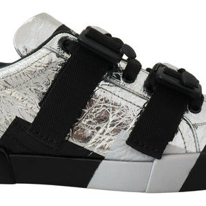 Dolce & Gabbana Exclusive Silver and Black Low Top Leather Sneakers