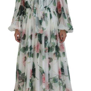 Dolce & Gabbana Elegant White Silk Maxi Dress with Rose Print