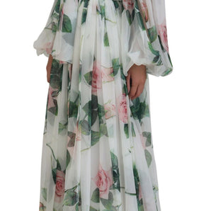 Dolce & Gabbana Elegant White Silk Maxi Dress with Rose Print