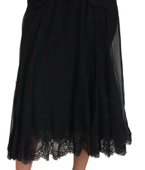 Dolce & Gabbana Black Silk Lace Trim High Waist Midi Skirt