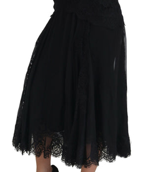 Dolce & Gabbana Black Silk Lace Trim High Waist Midi Skirt