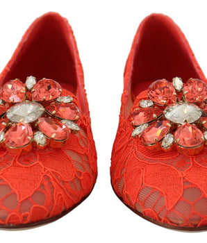 Dolce & Gabbana Red Taormina Lace Crystals Ballet Flats Shoes