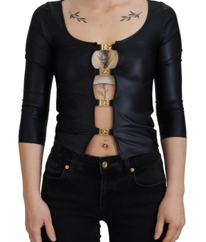 Dolce &amp; Gabbana Elegante top negro de manga 3/4 con detalles dorados