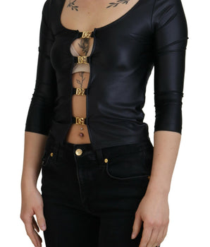 Dolce &amp; Gabbana Elegante top negro de manga 3/4 con detalles dorados