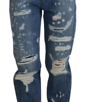 Dolce & Gabbana Blue Tattered Skinny Denim Cotton Jeans