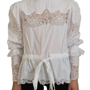 Dolce &amp; Gabbana Elegante blusa de algodón con ribete de encaje blanco