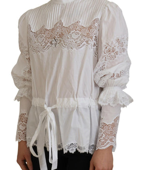 Dolce &amp; Gabbana Elegante blusa de algodón con ribete de encaje blanco