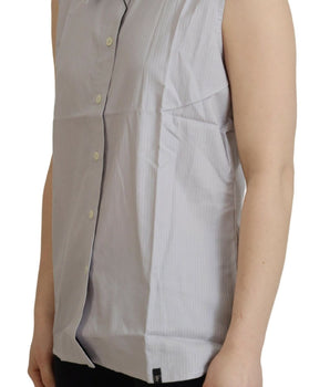 Ferre Light Gray Stripes Cotton Sleeveless Collared Top