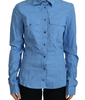 Ferre Blue Cotton Long Sleeves Collared Button Down Top