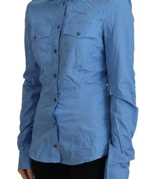 Ferre Blue Cotton Long Sleeves Collared Button Down Top