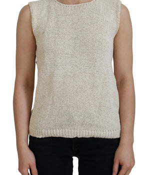 PINK MEMORIES Beige Cotton Blend Sleeveless Round Neck Tank Top