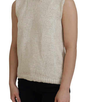 PINK MEMORIES Beige Cotton Blend Sleeveless Round Neck Tank Top