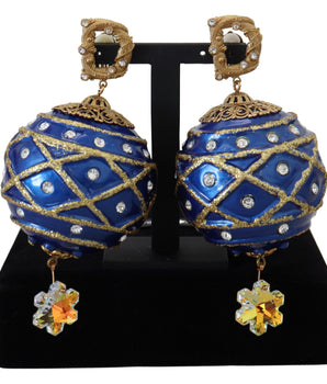 Dolce &amp; Gabbana Gold Brass Blue Dangle Ball Crystal Clip On Earrings