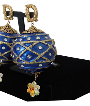 Dolce &amp; Gabbana Gold Brass Blue Dangle Ball Crystal Clip On Earrings