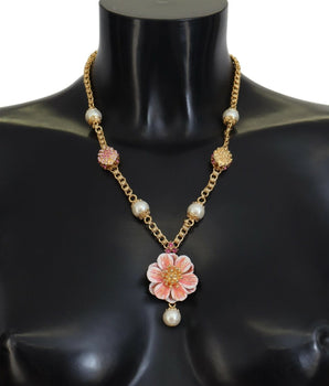 Dolce & Gabbana Gold Tone Floral Crystals Pink Embellished Necklace