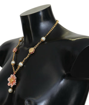 Dolce & Gabbana Gold Tone Floral Crystals Pink Embellished Necklace