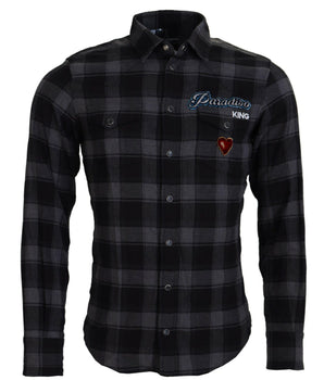 Dolce & Gabbana Black Gray Check Men Long Sleeves Shirt