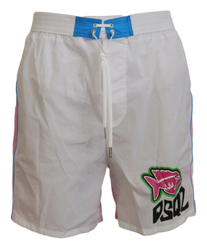 Dsquared² White Pink Logo Print Men Beachwear Shorts Swimwear