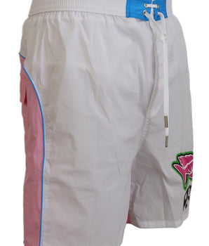 Dsquared² White Pink Logo Print Men Beachwear Shorts Swimwear