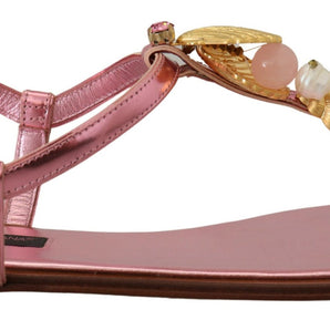 Dolce &amp; Gabbana Sandalias elegantes de cuero rosa con adornos exquisitos