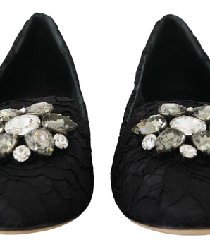 Dolce & Gabbana Black Taormina Lace Crystals Flats Shoes