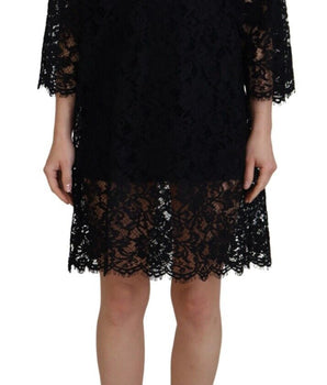 Dolce & Gabbana Black Floral Lace Cotton Shift Mini Dress