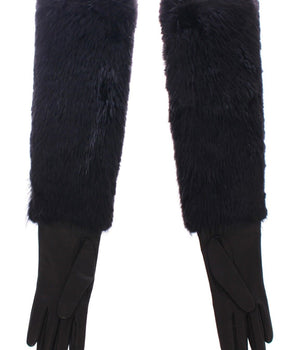 Dolce & Gabbana Black Beaver Fur Lambskin Leather Elbow Gloves