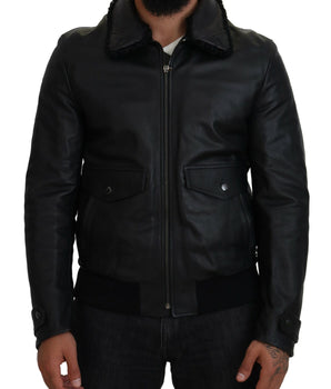 Dolce & Gabbana Black Lamb Leather Collared Men Coat Jacket