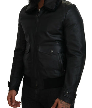 Dolce & Gabbana Black Lamb Leather Collared Men Coat Jacket