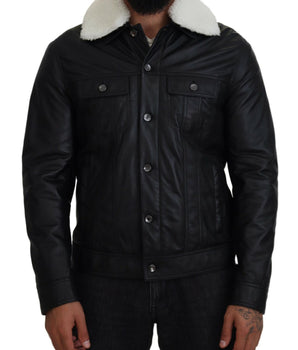 Dolce & Gabbana Black Lamb Leather Collared Men Coat Jacket