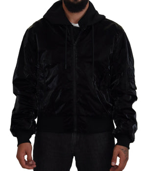 Dolce & Gabbana Black Nylon Hooded Full Zip Bomber Jacket