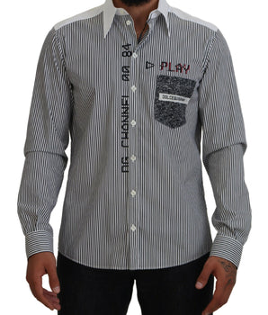 Dolce & Gabbana Black White Striped Printed Casual Cotton Shirt