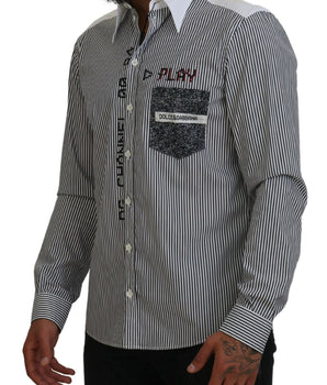 Dolce & Gabbana Black White Striped Printed Casual Cotton Shirt