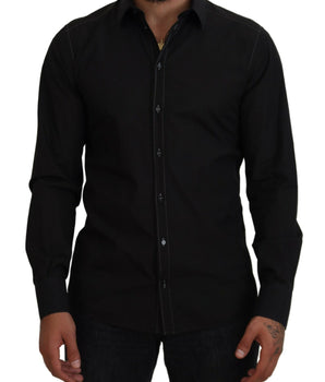 Dolce &amp; Gabbana Black Cotton Collared Long Sleeve Shirt GOLD
