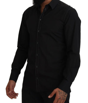 Dolce &amp; Gabbana Black Cotton Collared Long Sleeve Shirt GOLD