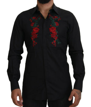 Dolce & Gabbana Black Floral Embroidery Men Long Sleeves GOLD Shirt