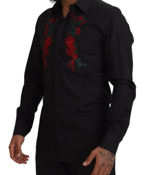Dolce & Gabbana Black Floral Embroidery Men Long Sleeves GOLD Shirt