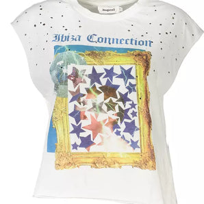 Desigual Chic Sleeveless White Tee with Print &amp; Contrast Details