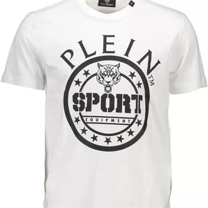 Plein Sport Sleek White Cotton Crew Neck Tee with Contrasting Details