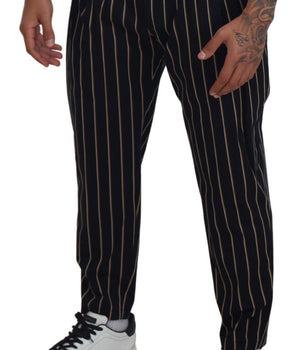 Dolce &amp; Gabbana Black Beige Striped Cotton Stretch Trousers
