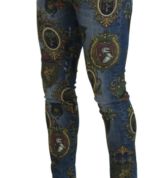 Dolce &amp; Gabbana Blue Medal Print Slim Fit Cotton Jeans