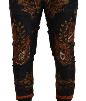 Dolce &amp; Gabbana Gray Silk Baroque Crown Trousers Sport Pants
