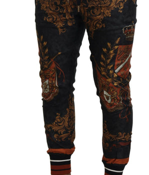 Dolce &amp; Gabbana Gray Silk Baroque Crown Trousers Sport Pants