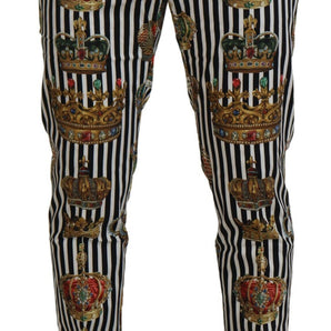 Dolce &amp; Gabbana Elegant Gold Crown Stripe Chino Pants