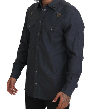 Dolce &amp; Gabbana Blue Cotton Denim Crystal Bee Shirt