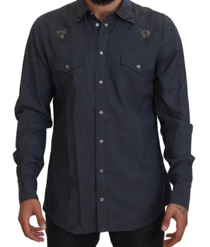 Dolce &amp; Gabbana Blue Cotton Denim Crystal Bee Shirt