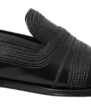 Dolce &amp; Gabbana Black Leather Slipper Loafers Stitched Shoes
