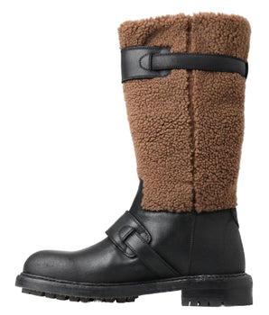 Dolce &amp; Gabbana Black Leather Brown Shearling Boots